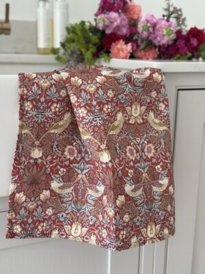 William Morris Red Strawberry Thief 100% Cotton Floral Tea Towel