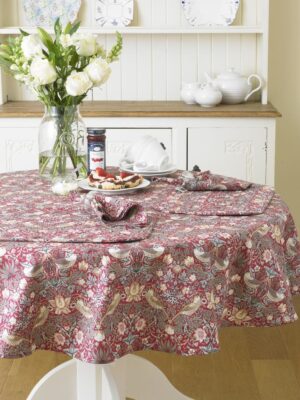 William Morris Red Strawberry Thief 147cm Round Floral Cotton Tablecloth