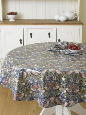 William Morris Blue Strawberry Thief 137cm Round Pvc Floral Cotton Tablecloth