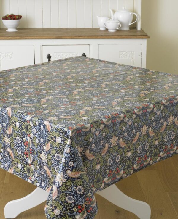 William Morris Blue Strawberry Thief  Pvc / Oilcloth Floral Tablecloth Fabric By The Half Metre