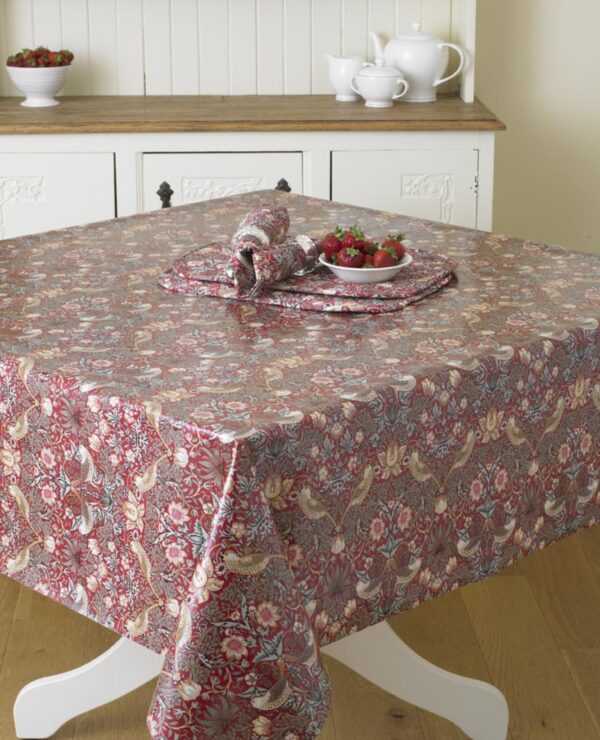 William Morris Red Strawberry Thief  Pvc / Oilcloth Floral Tablecloth Fabric By The Half Metre