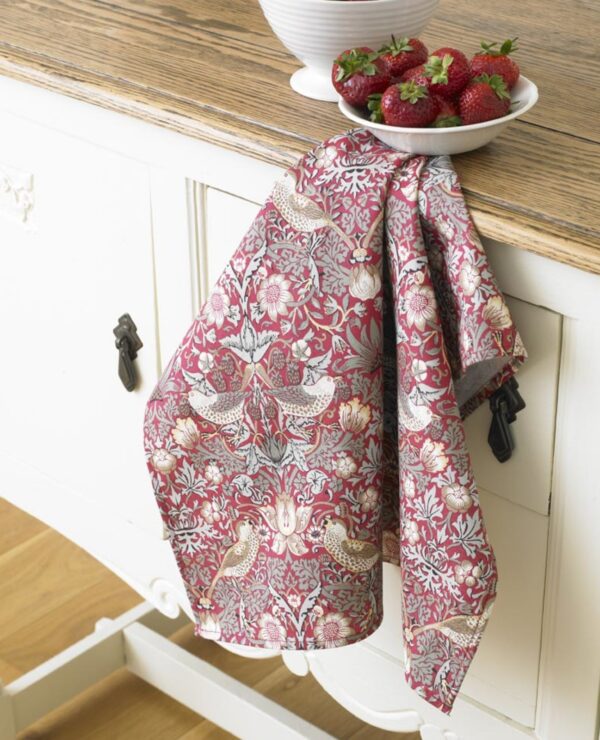 William Morris Red Strawberry Thief 100% Cotton Floral Tea Towel