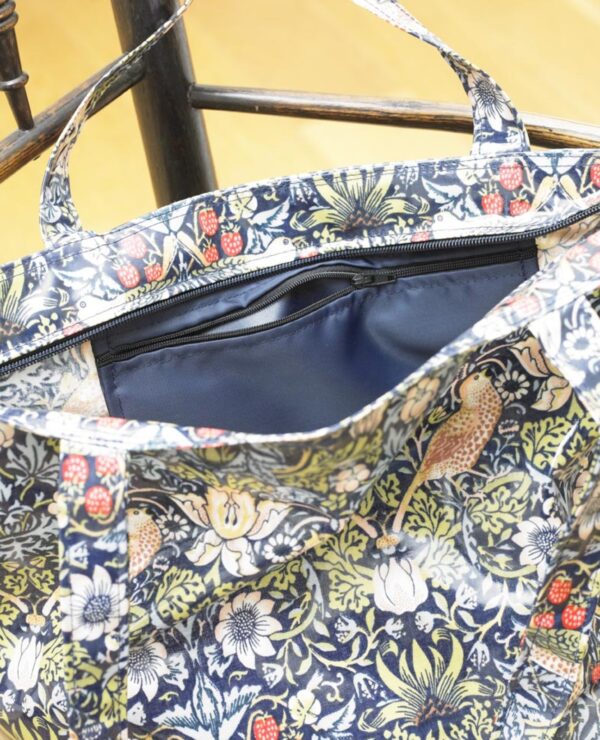 William Morris Blue Strawberry Thief Long Handle Zip Top Tote Bag