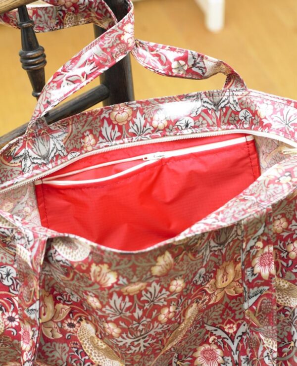 William Morris Red Strawberry Thief Long Handle Zip Top Tote Bag