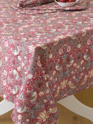 William Morris Red Strawberry Thief 132 x 229 Cotton Floral Tablecloth