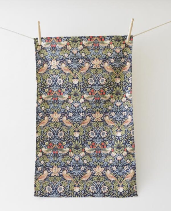 William Morris Blue Strawberry Thief 100% Cotton Floral Tea Towel.