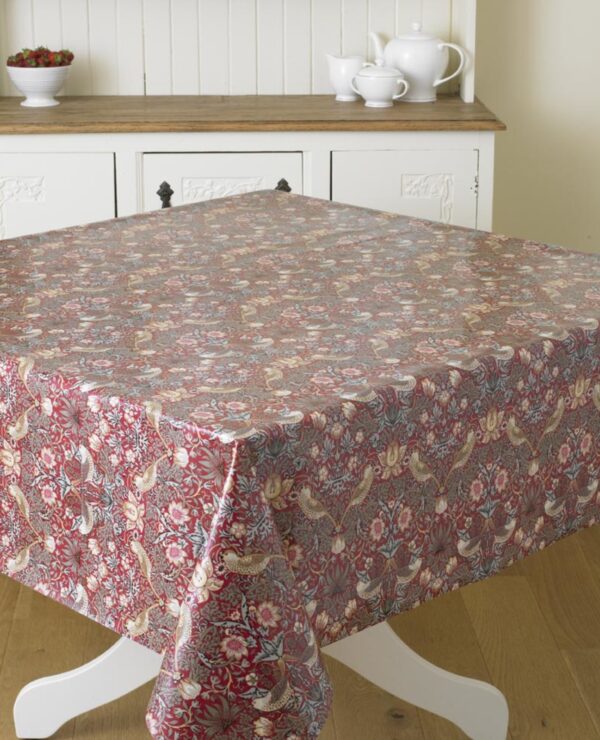 William Morris Red Strawberry Thief  Pvc / Oilcloth Floral Tablecloth Fabric By The Half Metre