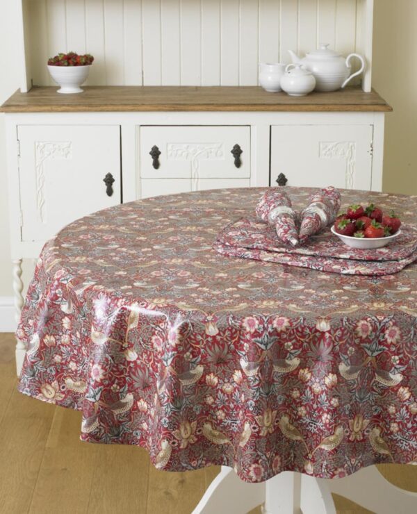 William Morris Red Strawberry Thief 137cm Round Pvc Floral Cotton Tablecloth