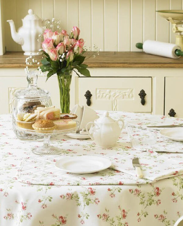 Charlotte Rose 147cm Cream Round Vintage Style Floral Cotton Tablecloth