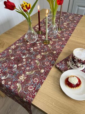 William Morris Red Strawberry Thief Table Runner 36cm wide x 146cm long
