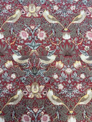 William Morris Red Strawberry Thief Cotton Heavy Weight Floral Cotton Drill Fabric By The Half Metre