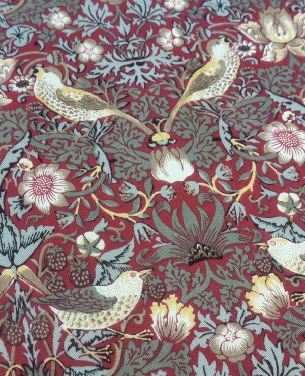 William Morris Red Strawberry Thief Cotton Heavy Weight Floral Cotton Drill Fabric By The Half Metre
